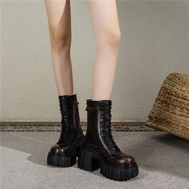 9CM Retro Distressed Mid Calf Boots Women Chunky Heel Platform Taller Slimming Single Boots Petite Friendly