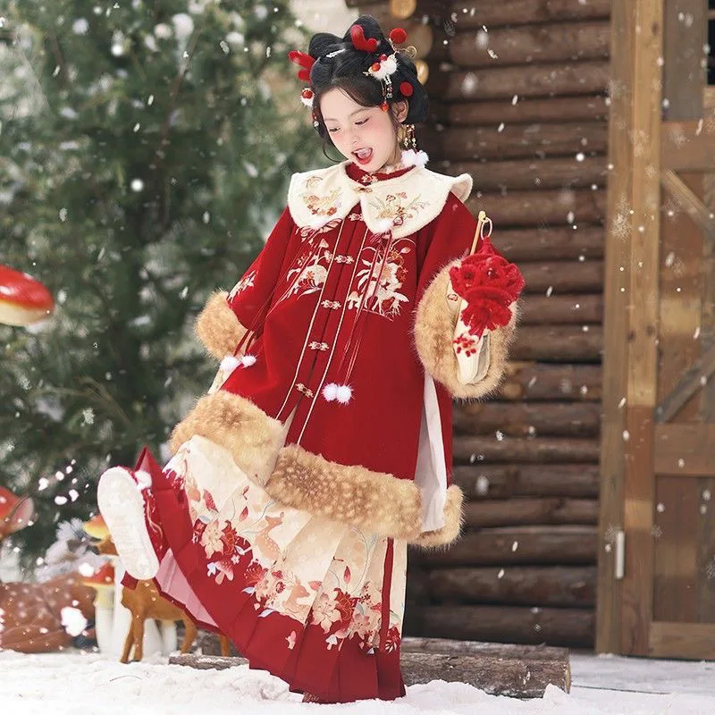 فستان هانفو مبطن دافئ للشتاء الأحمر الجديد للفتيات زي الجنية القديمة للأطفال بدلة تانغ ملابس السنة الصينية الجديدة #2
