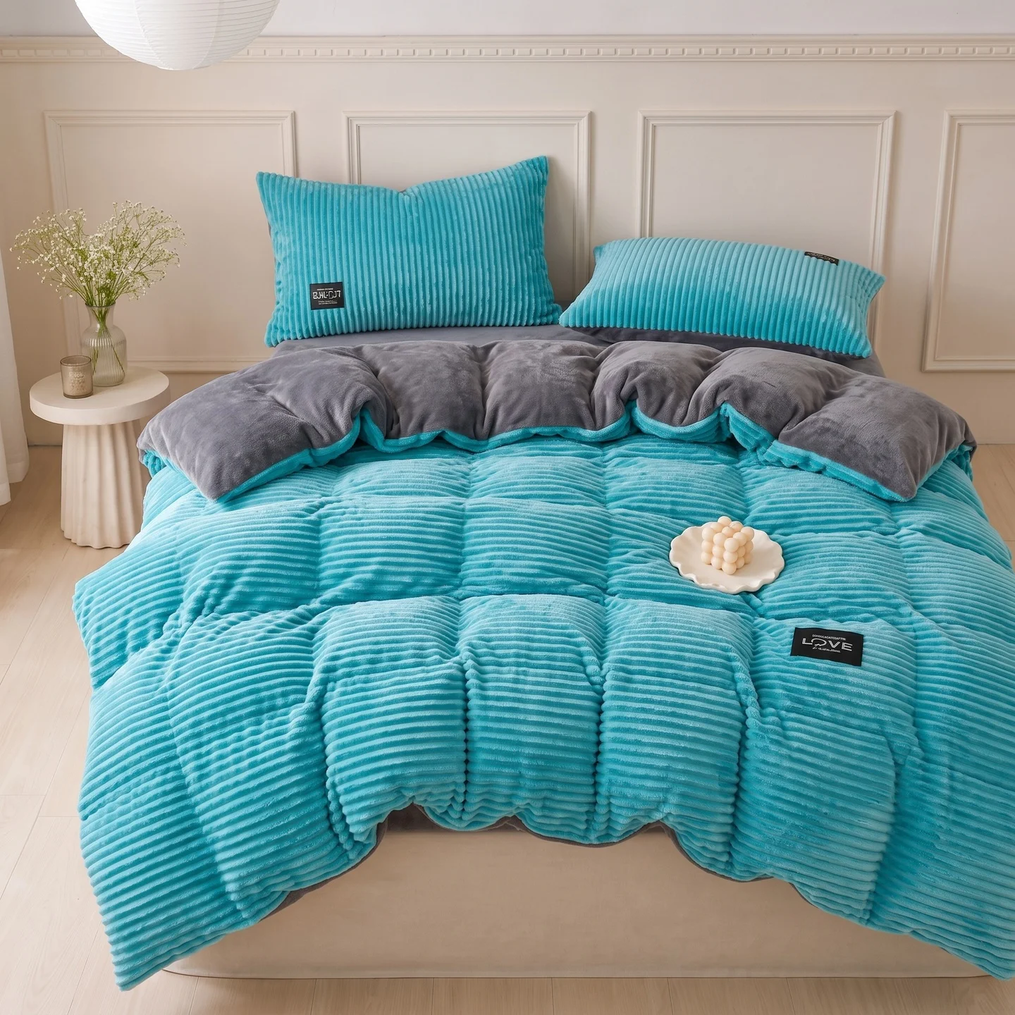 Winter Comforter cover set for double bed Solid stripe Duvet cover with pillowcases Twin queen king size Fleece Bedding set 3PCS