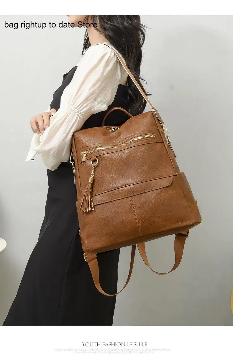 Practical Pu Leather Tassel Handbag Backpack Women Ideal for Business Travel Featuring Retro Design and Contrasting Colors