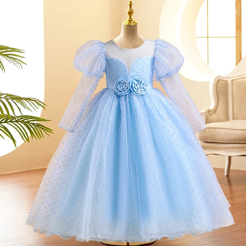 Letnia sukienka dziecięca z długim rękawem dla dziewczynek Kostium koronkowa sukienka księżniczki dla dziewczynki Sukienka urodzinowa w kolorze żółtym