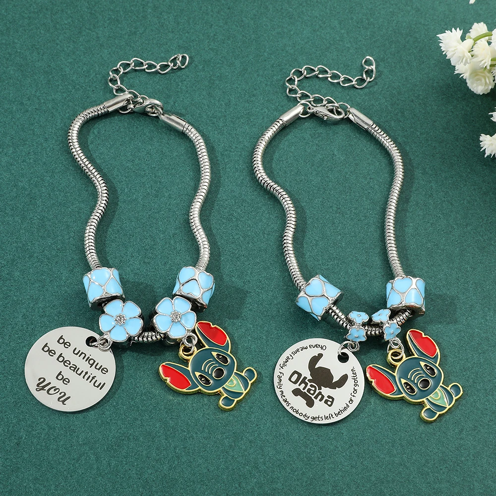 Disney Anime Lilo & Stitch Beads Bracelet Cartoon Figure Stitch Enamel Nameplate Charms Bracelet Fashion DIY Jewelry Bangles