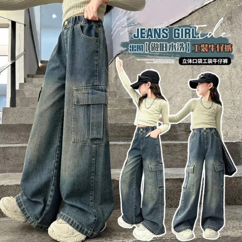 Girls Loose Wide-leg Jeans Trousers Children Vintage Solid Big Pocket Straight Denim Pants Spring Autumn Clothing 5-12 Years