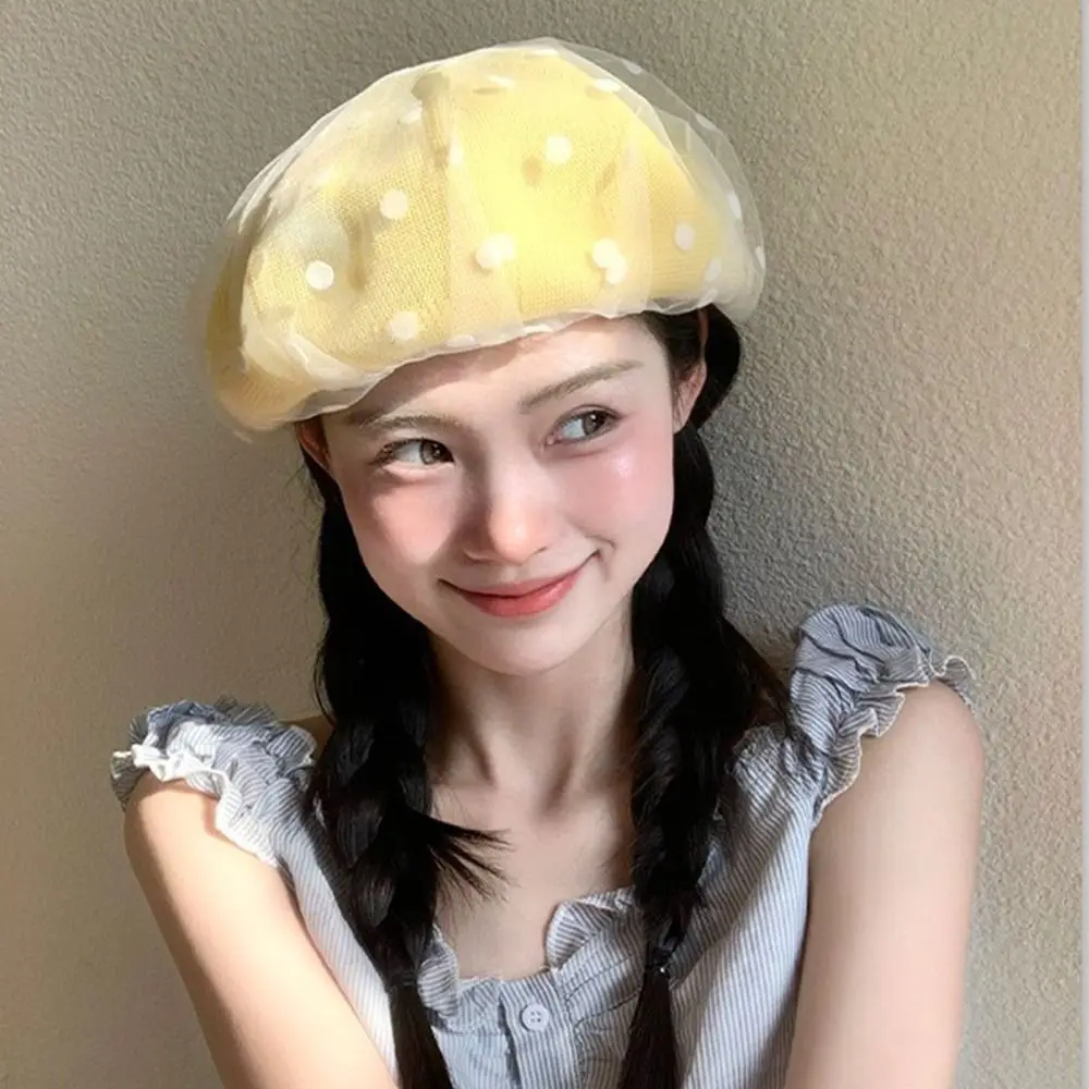 

Vintage Korean Polka Dot Berets New Y2k Knit Painter Caps Lace Mesh Beanie Cap Spring Summer