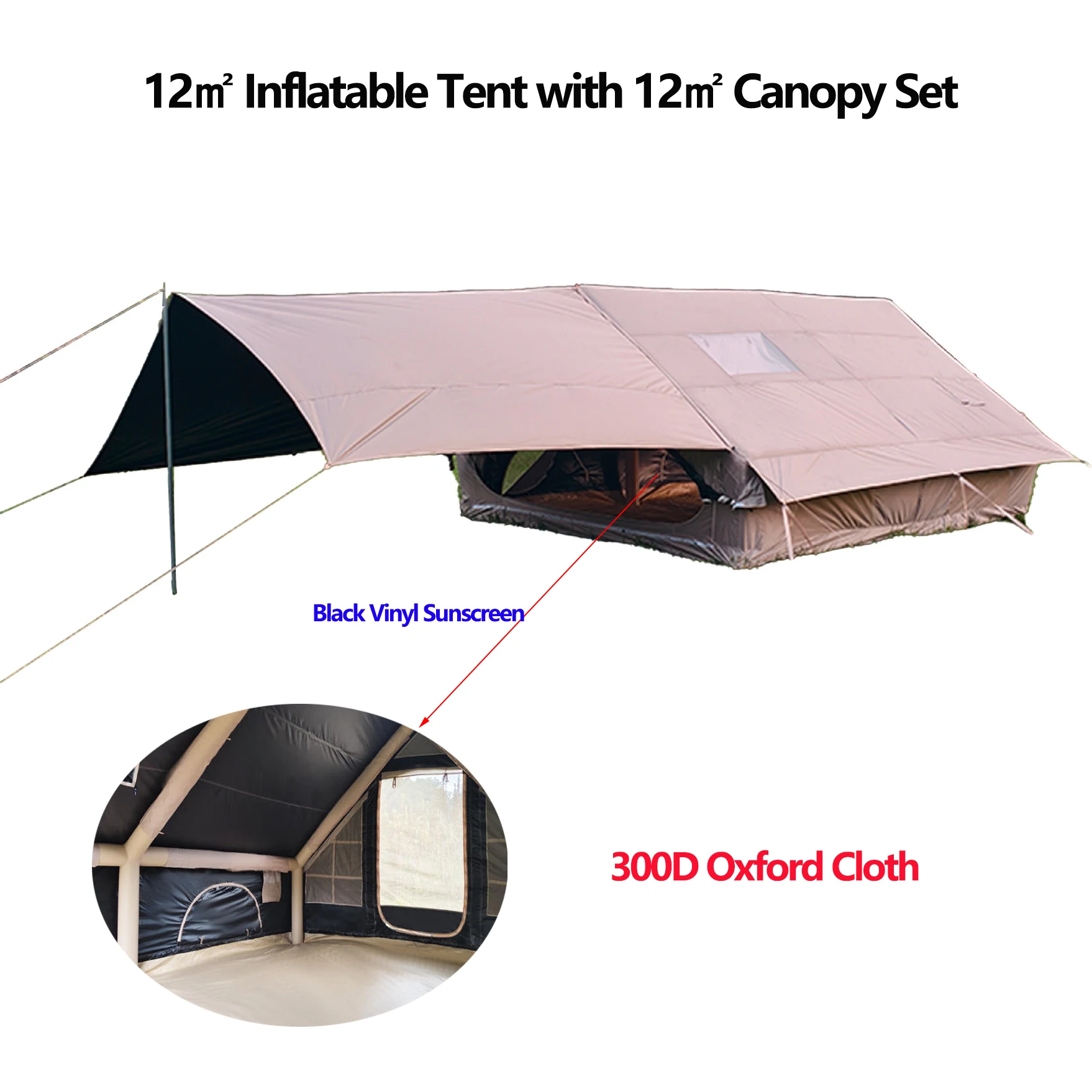 

New 12 M² Inflatable Tent + 12 M² Canopy Set for Hiking Camping Use Black Sun-protective Fabric + 300D Oxford Cloth Marquee