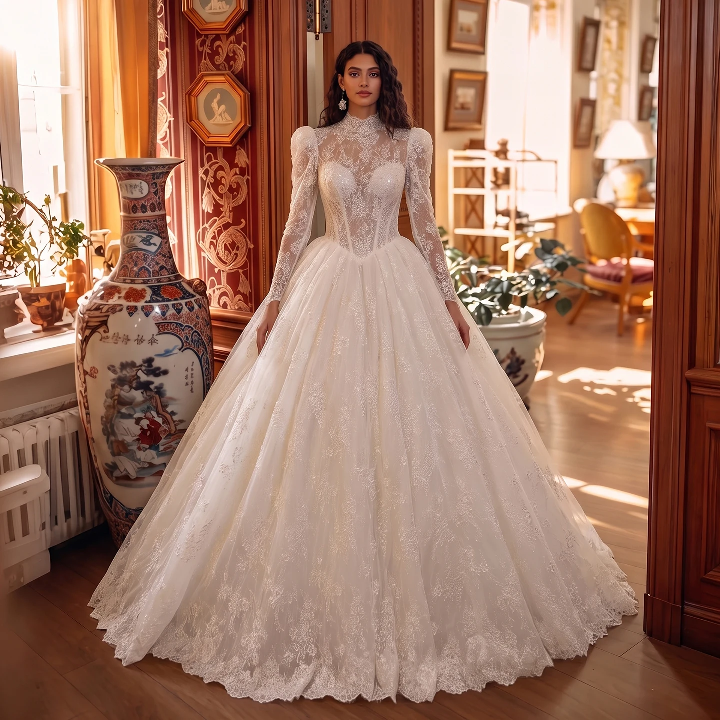Sheer Fairy Wedding Dress Elegant High Neck Tulle Long Sleeve Appliques Button Dubai Bridal Gown with Big Train SW682 Customized