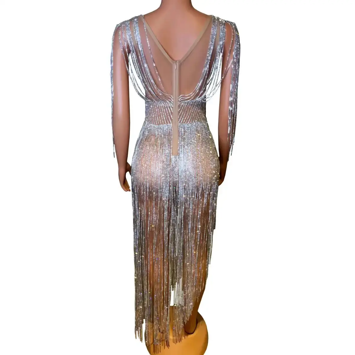 Sexy Diamond Tassel V-neck Skirt Nightclub DJ Bar Female Singer Dance Team Stage Performance Clothing Party Theme Show Costume