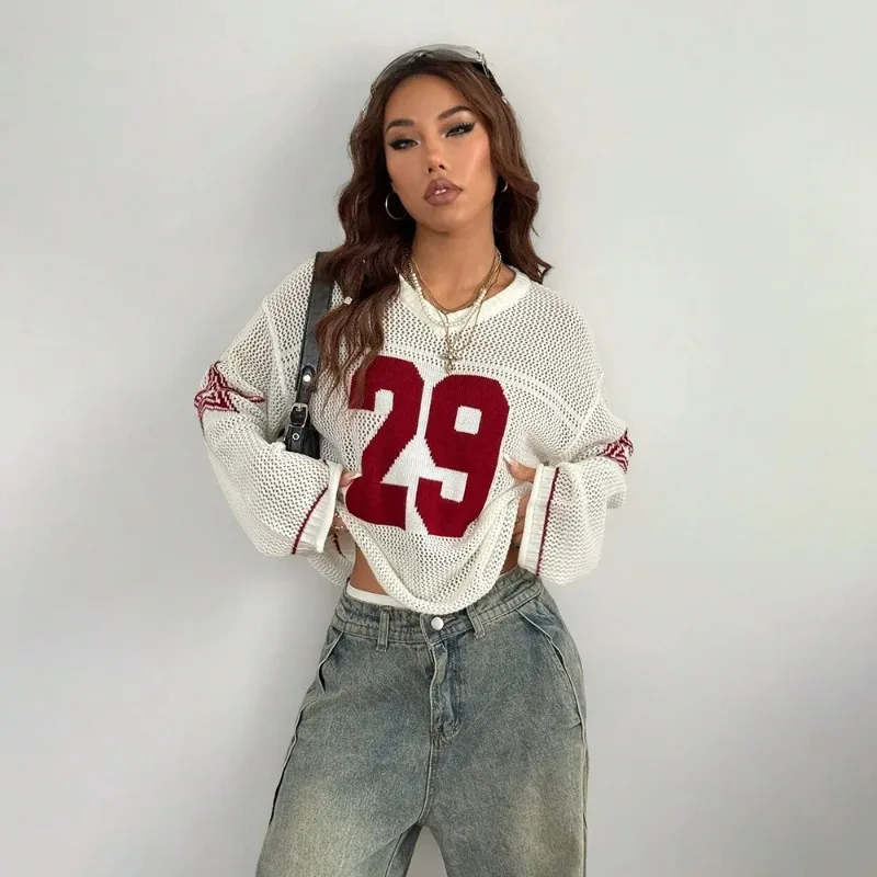 

Стильный спортивный трикотажный топ для женщин, модный джемпер с цифровым принтом, круглым вырезом и длинными рукавами, летний уличный тренд