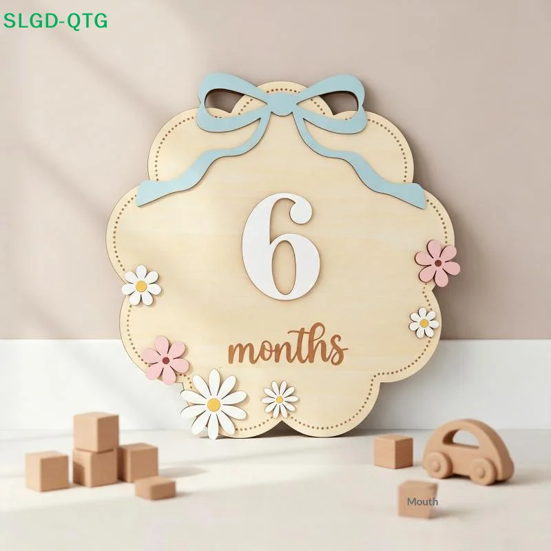 Hot Natural Wooden Baby Monthly Milestone Sign Pink Bow Floral For Newborn Girl Photo Props