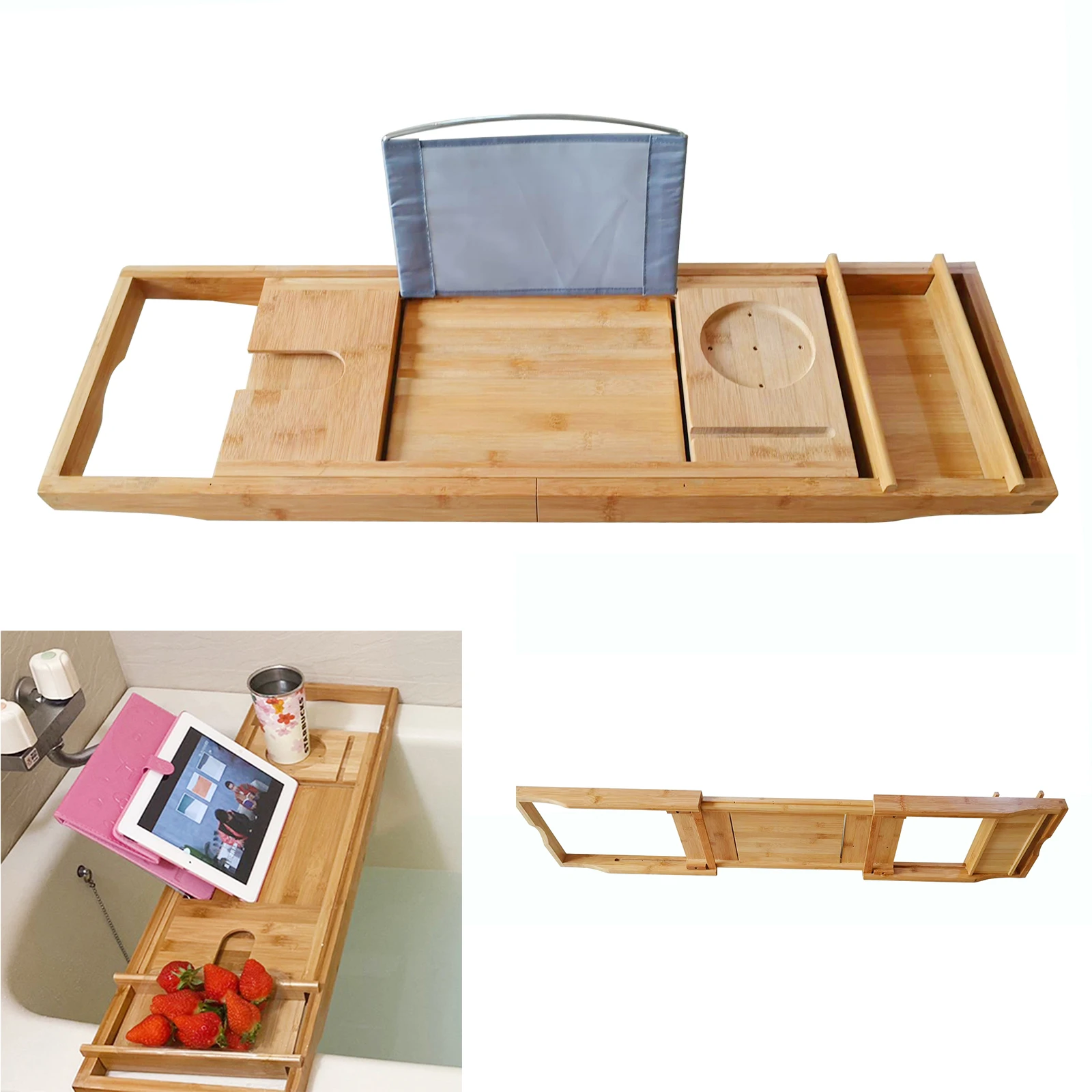 Wooden Bath Caddy Bath Board Shelf Tablet/Phone Red Wine Cup Slot Holder Tray