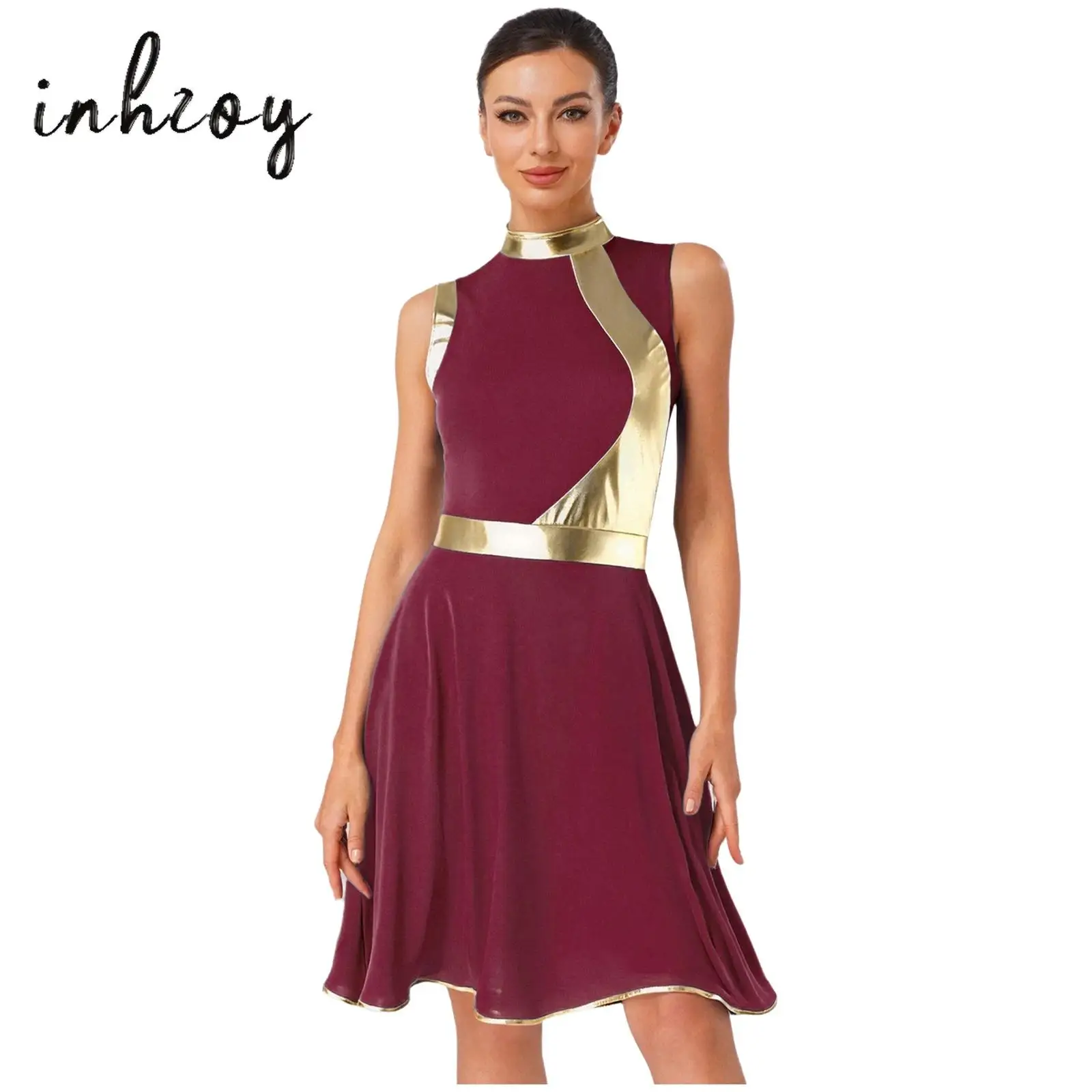 

Women's Lyrical Praise Dance Dress Metallic Shiny Patchwork Mock Neck Sleeveless A-line Dress Liturgical Worship Dance Costume