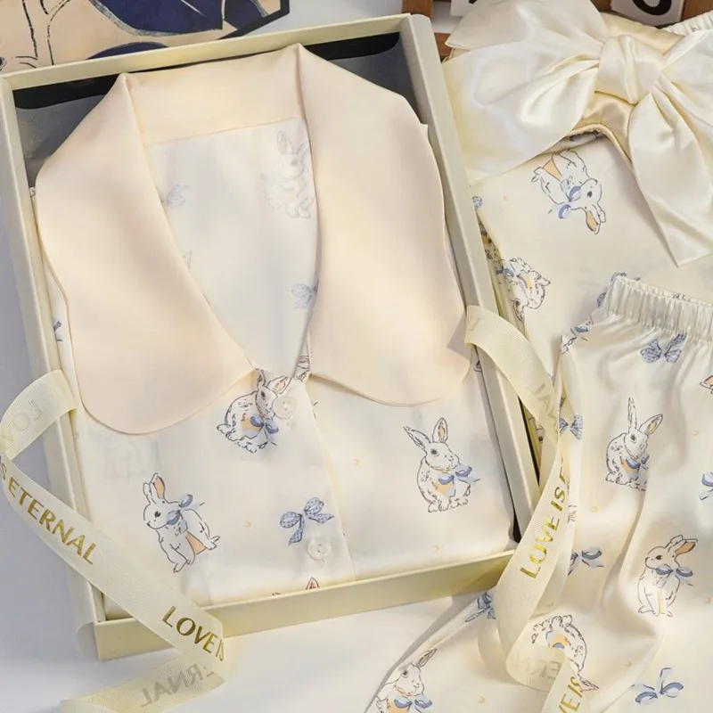 

2025 Spring Autumn Ice Silk Pajamas Women Short Sleeve Pants Three-Piece Set Cute Rabbit Print Nightgown Sleepwear Nightwear