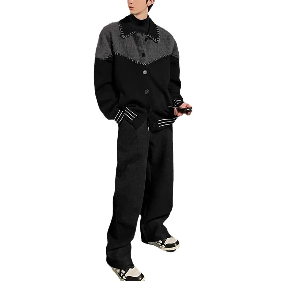 Man Patchwork Sweater 2025 Autumn Winter Men's Retro Color Block Cardigan Loose Fit Shawl Collar Trendy Versatile Knit Outerwear