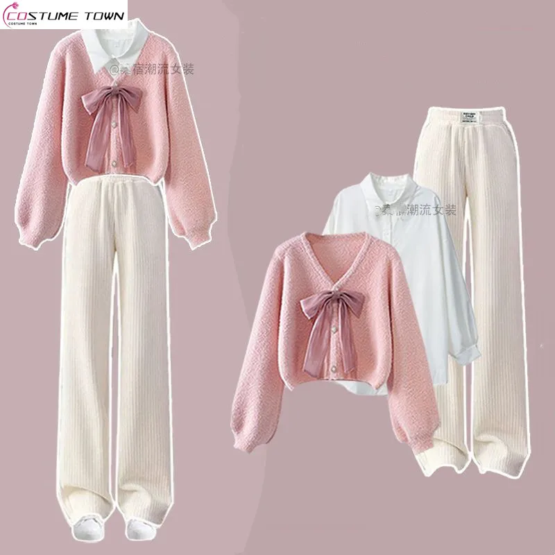 2024 Autumn/Winter Women\'s Set Bow Sweater+Fashion Shirt+Casual Wide Leg Pants 3-Piece Set Trendy