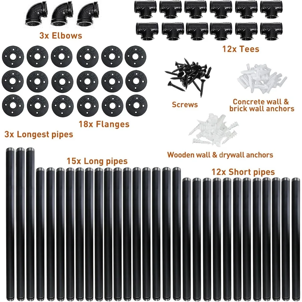 HITOMEN Industrial Iron Pipe Shelves, 3 Set 5-Tier 70.5 Tall 12 Depth, DIY Open Bookshelf Bookcase, Wall Mounted Vintage Retro S