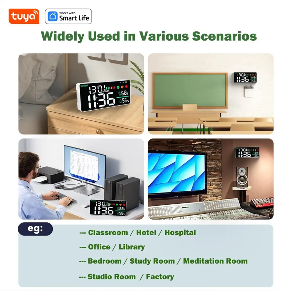 Happy New-  5 in 1 Tuya Smart WiFi Noise Meter CO2 Gas Detector Decibel Meter Temperature Humidity Monitor for Home Classroom