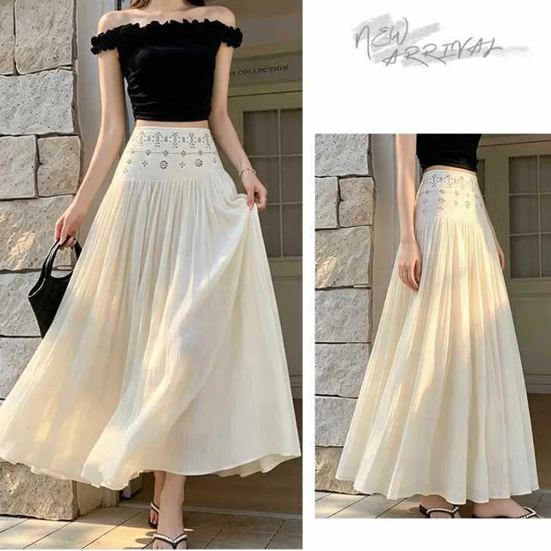 

Boho Vacation White Chiffon Skirts Female Summer Thin Gauze Pleated High Waist Skirt Woman Vintage Asymmetric Beading Midi Skirt