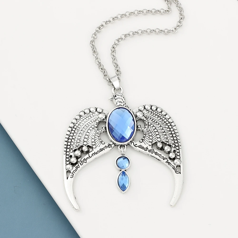 

Vintage Silver Tone Eagle Crown Necklace with Oval Blue Crystal Pendant Movie Wizardry Jewelry for Women