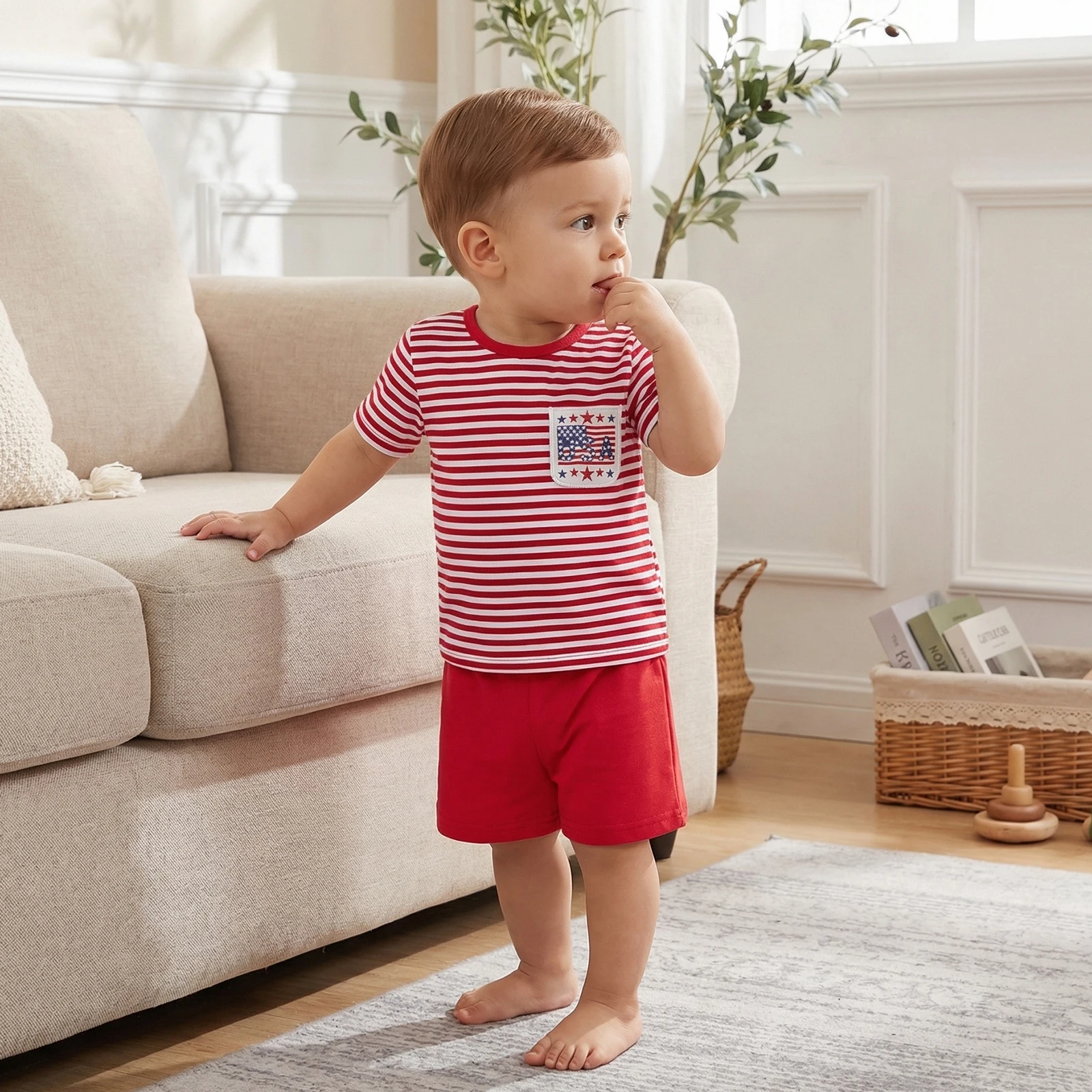 Toddler Boys 4th of July Outfits Stripe Print Short Sleeve Crew Neck T-Shirts and Elastic Waist Shorts 2Pcs Clothes Set
