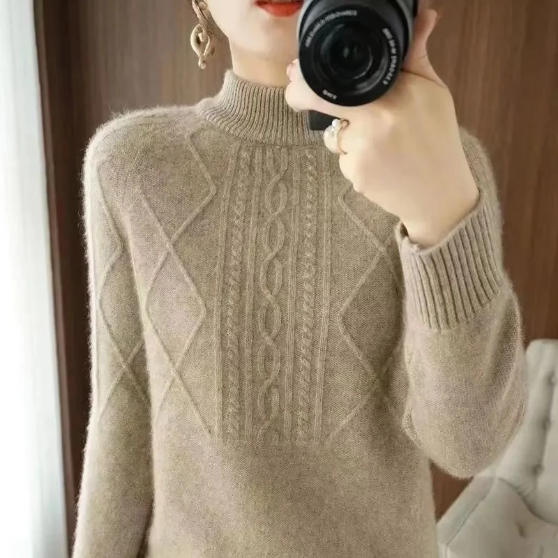 

Autumn Winter Women Sweater Thicke Pullover Knit Loose Half High Collar Twists Sweater Versatile Female Tops Bottoming Shirt