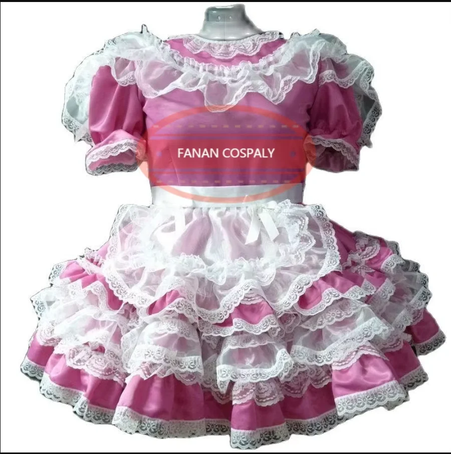

French Adult Giant Baby Sexy Pink Satin Dress White Lace Apron Sissy Role Play Makeup Prom Maid Dress Custom Lockable