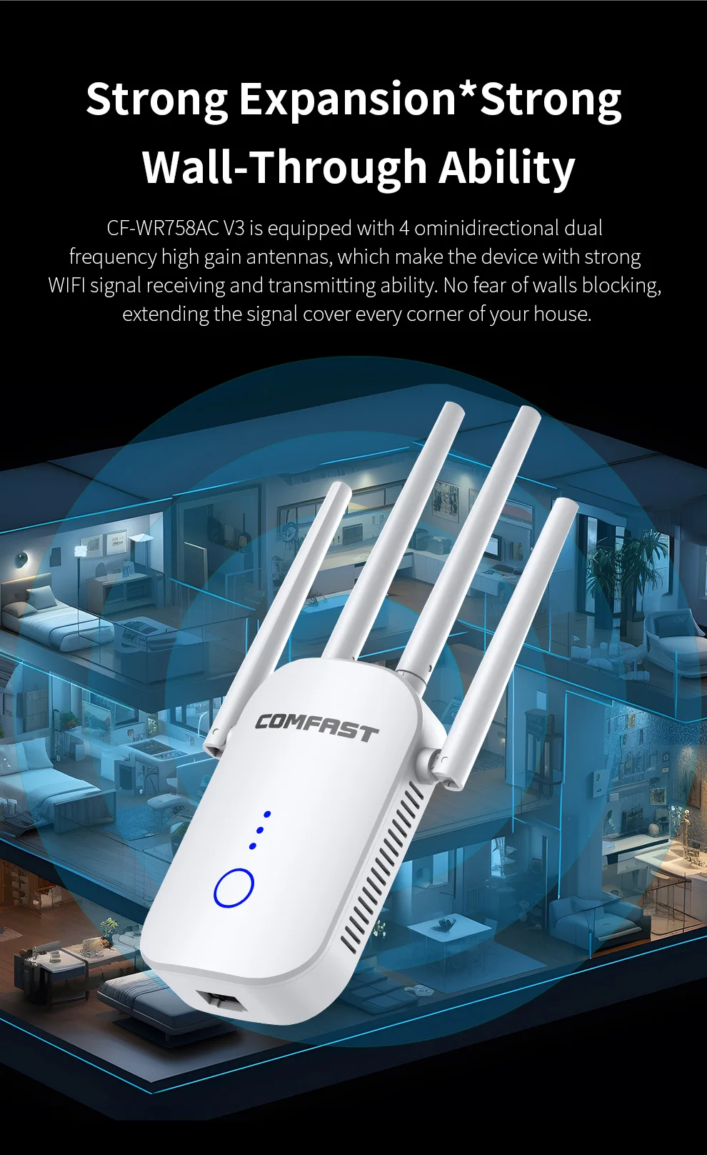 Powerful 1200Mbps Wireless Wifi extender Wifi Repeater/Router Dual Band 2.4&5.8Ghz 4 Wi fi Antenna long Range Signal Amplifier