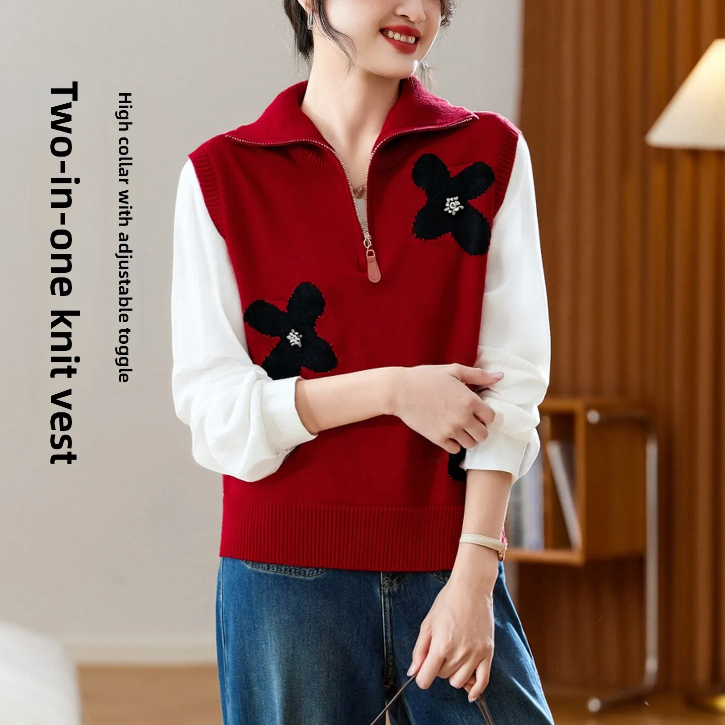 

Вязаный хлопковый свитер с эффектом двухслойности, с длинными рукавами, для повседневной носки, из полиэстера, весенний сезон, производство Китай