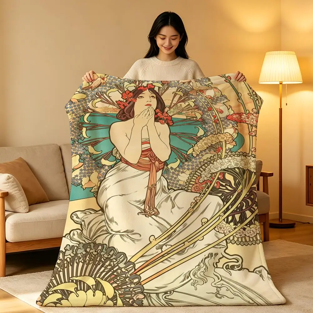 Artist Nouveau A-Alphonse Mucha Throw Soft Warm Flannel Blanket Lightweight for Sofa Bed Couch Travel Adults