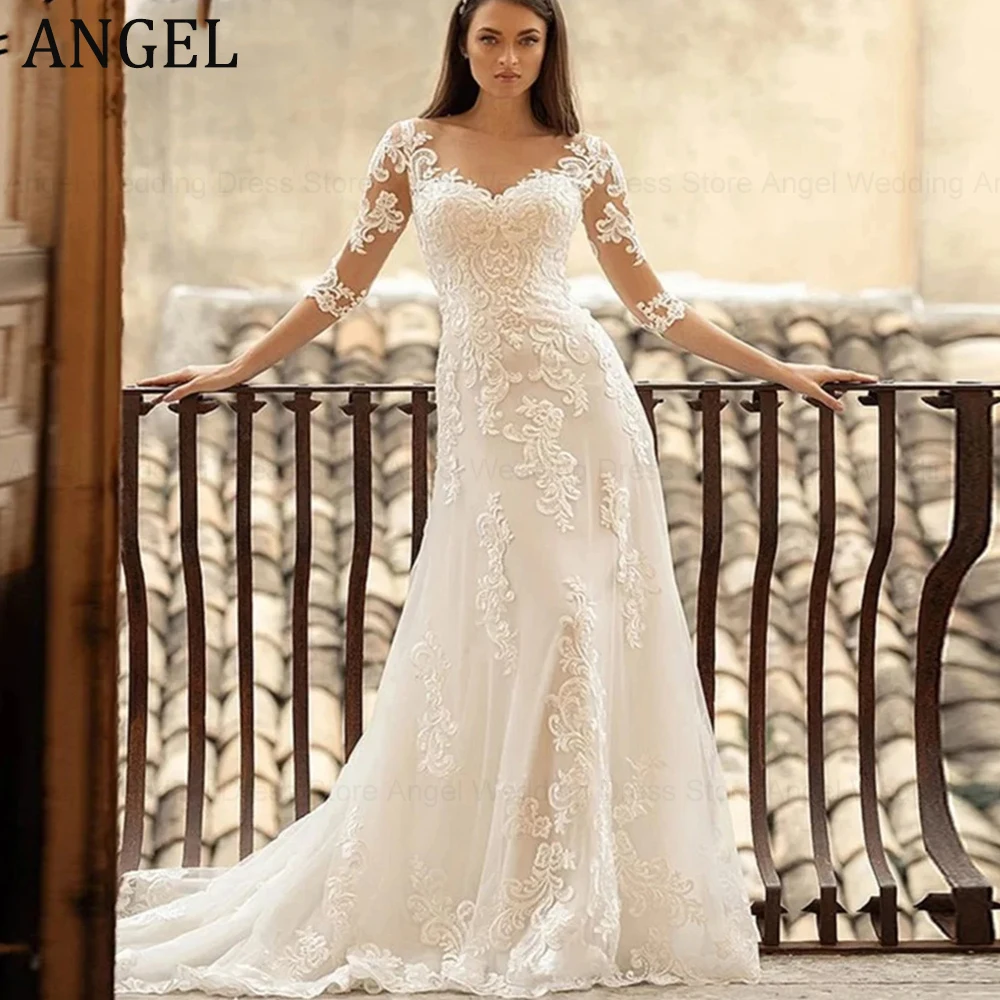 

ANGEL Elegant Sweetheart Collar Long Sleeves Wedding For Women Illusion Buttons Back Lace Up Appliques Bridal Classic Gown