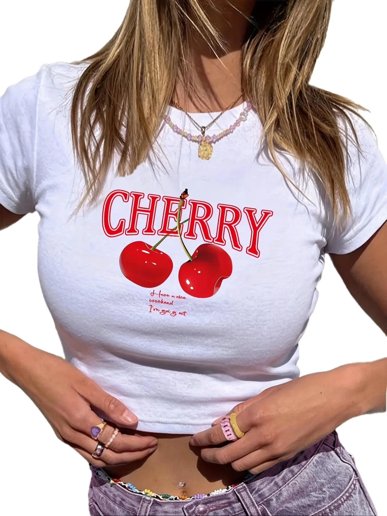 

Женский укороченный укороченный топ с рисунком белой вишни, повседневная летняя футболка с короткими рукавами и круглым вырезом с ярким красным рисунком фруктов