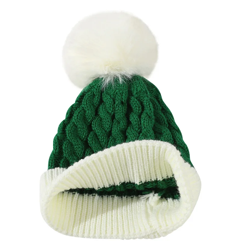 Unisex Winter Red And Green Patchwork Pompoms Knit Hat Christmas Hat For Women Men Christmas Gift