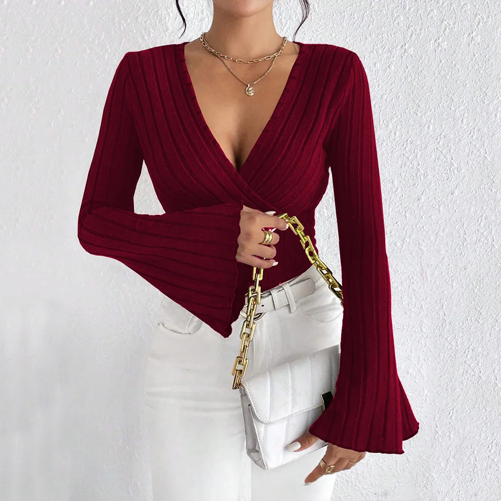 Y2k Women V-neck Bell-Sleeve Burgundy T-Shirt Spring Summer Slim Basic Top Harajuku Shirts for Women Aesthetic Clothes Tops