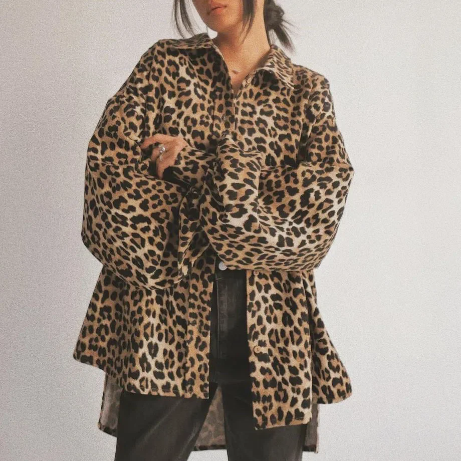 

Street Trendsetters Leopard Print Oversized Shirt For Women, Retro Loose Jacket