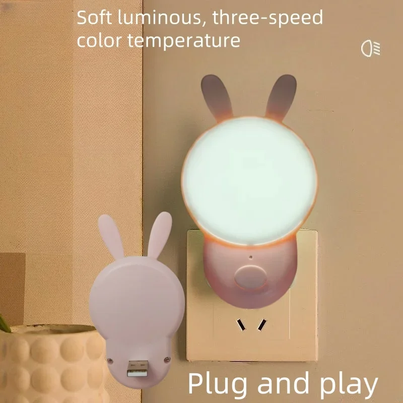 Simpatica luce notturna coniglietto, luce plug-in USB, con luce bianca fredda e fredda, regolabile a 3 velocità, adatta per regali