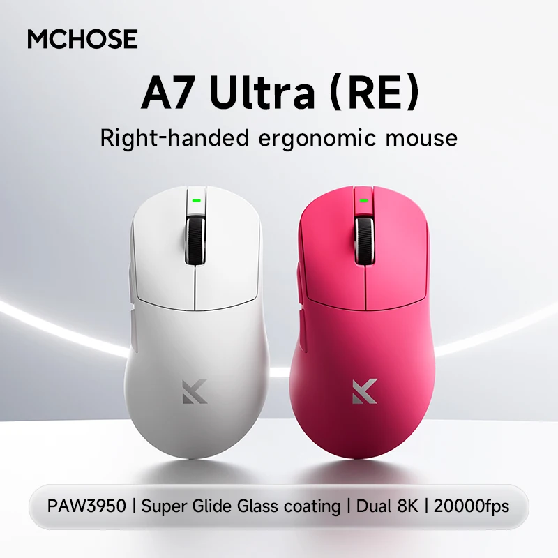 MCHOSE A7 Ultra RE Gaming Mouse 8000Hz Taxa De Pesquisa Design Ergonômico 20000fps 42000DPI 750IPS Super Glide Coating 500mAh Ba
