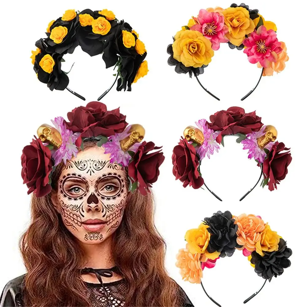 Day of The Dead Halloween Rose Flower Headband Wedding Costume Cosplay Mexican Rose Flower Crown Headband Black Veil Party