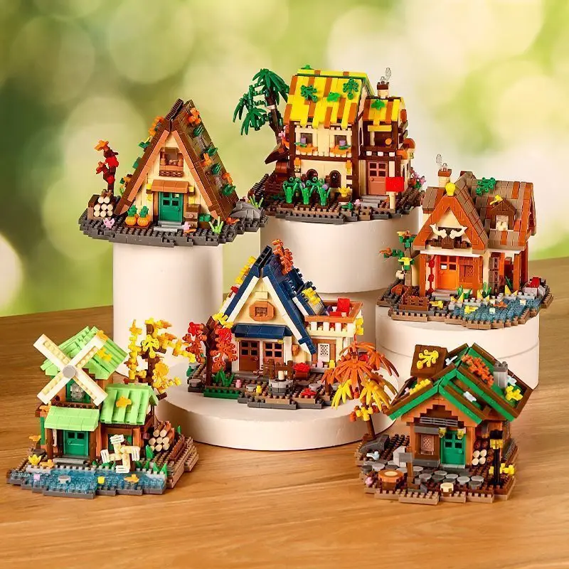 6 Sets Forest Cabin Mini Building Bricks Model DIY Assembly Kit Rrtro Log House Buildings Blocks Education Gift for Adult & Kids