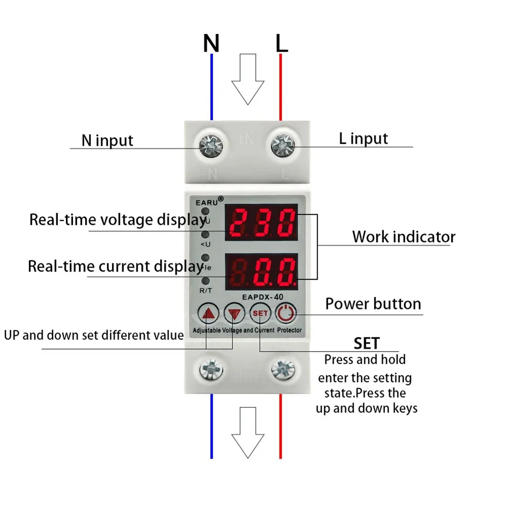 AC 40A 63A 230V Din Rail Adjustable Over Voltage Under Voltage Protective Device Protector Relay Over Current Protection Limit