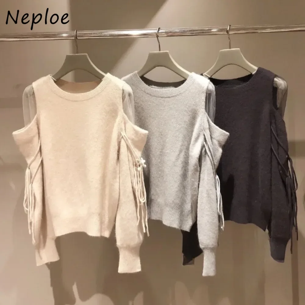 Neploe Sweet O Neck Puff Sleeve Off Shoulder Pullovers Lace Up Fur Fluffy Exquisite Pull Femme Japan Classics Celebrity Mujer