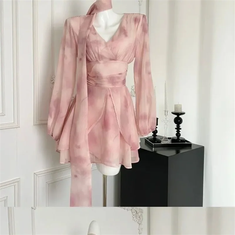 고품질 섬세한 쉬폰 뷰티 여름 신상 페어리 허리 조절 부드러운 블렌딩 리본 드레스 플로럴 스커트 고귀한 여성스러운 스윗룩