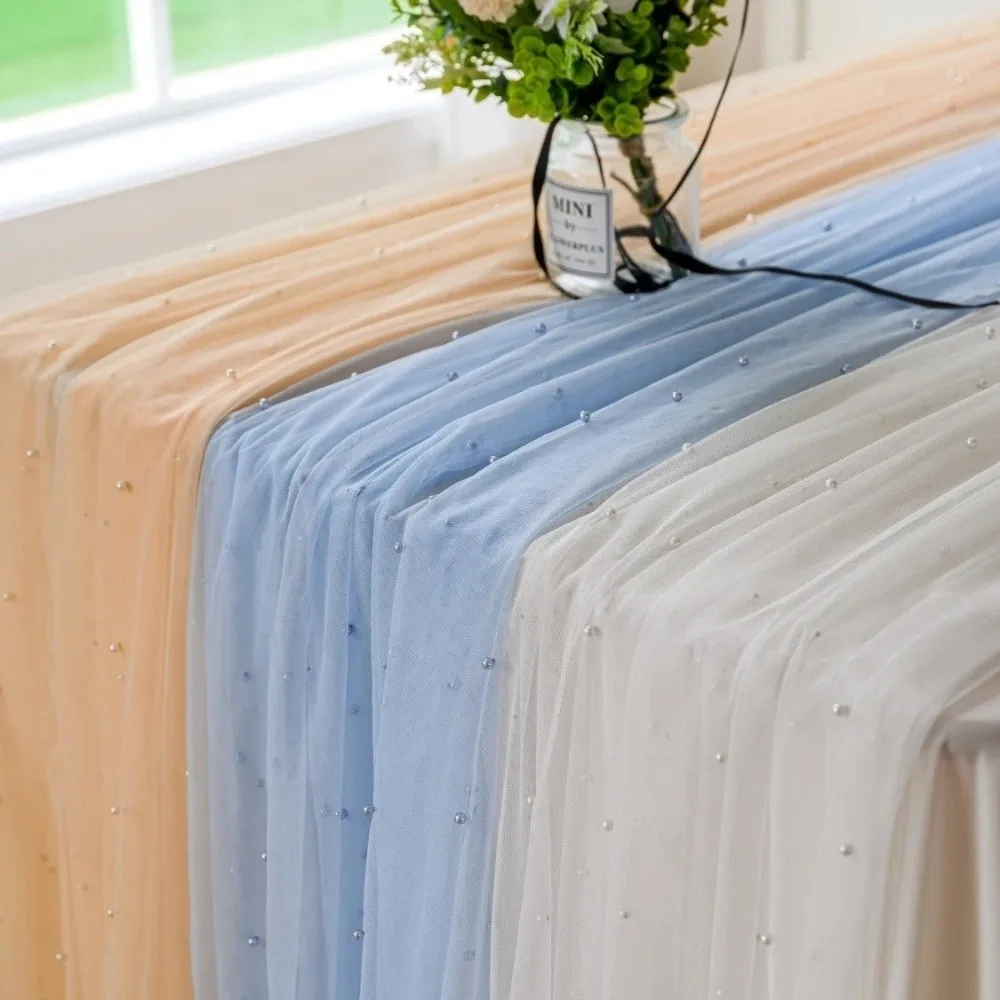 0.75*3 Meters Table Flag Pearl Tulle Semi Transparent Table Runner Sheer Drapes Gauze Mesh Wedding Arch Drapes Baby Shower