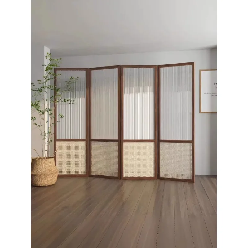 Japanese-style solid wood rattan screen partition living room glass shielding custom simple modern entrance entrance folding mov