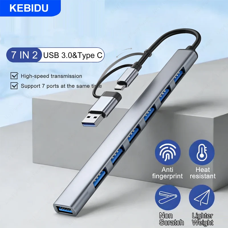 KEBIDU USB3.0 HUB Type C USB-A Hub Splitter 7 Port USB3.0/2.0 High Speed Data Transfer Adapter For Laptop PC  Accessories