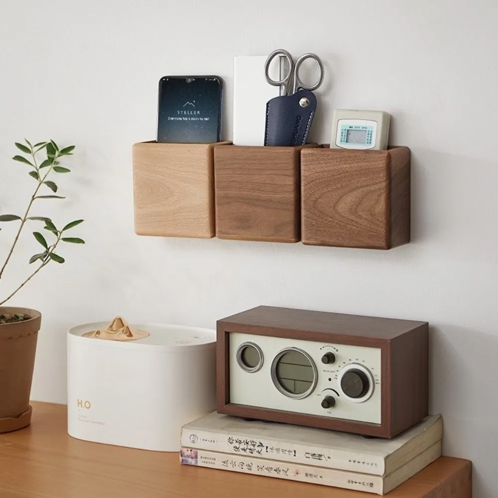 Durable Wall-Mounted Storage Organizer Bamboo Wood Walnut Remote Control Holder No-Drill Beech Wood Phone Storage Holder Office
