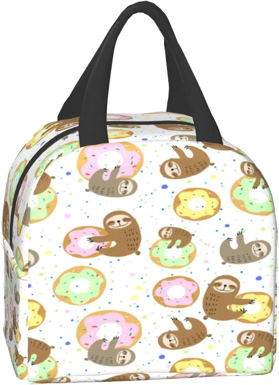 Cute Sweet Donuts Sloth Waterproof Insulated Lunch Bag Fashionable Anime Durable Tote Bag with Pocket and Zipper for Scho