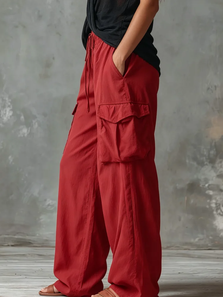 Damen Rote Cargo-Hose mit Weitem Bein, Kordelzug, Elastischer Hoher Bund, Lose Passform, Mehrere Taschen, Leichte Casual Streetwear-Hose – Detail 4