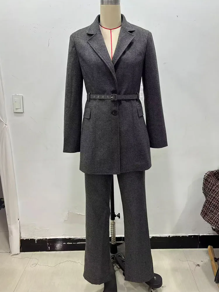 HH Women Suit Jacket Solid Turn-Down Collar Long Sleeve Belt Pocket Decoration Single-breasted Blazer+Mid Waist Zipper Pants