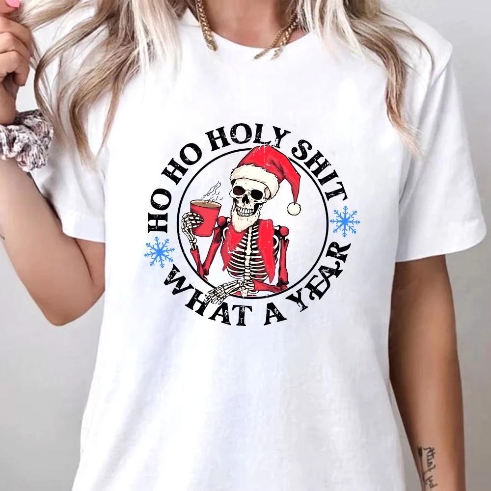 Funny Christmas T-shirt Christmas Humor Skeleton Santa Claus Women's Oversized T-shirt Y2k Christmas Coffee Top Unisex Xmas Gift
