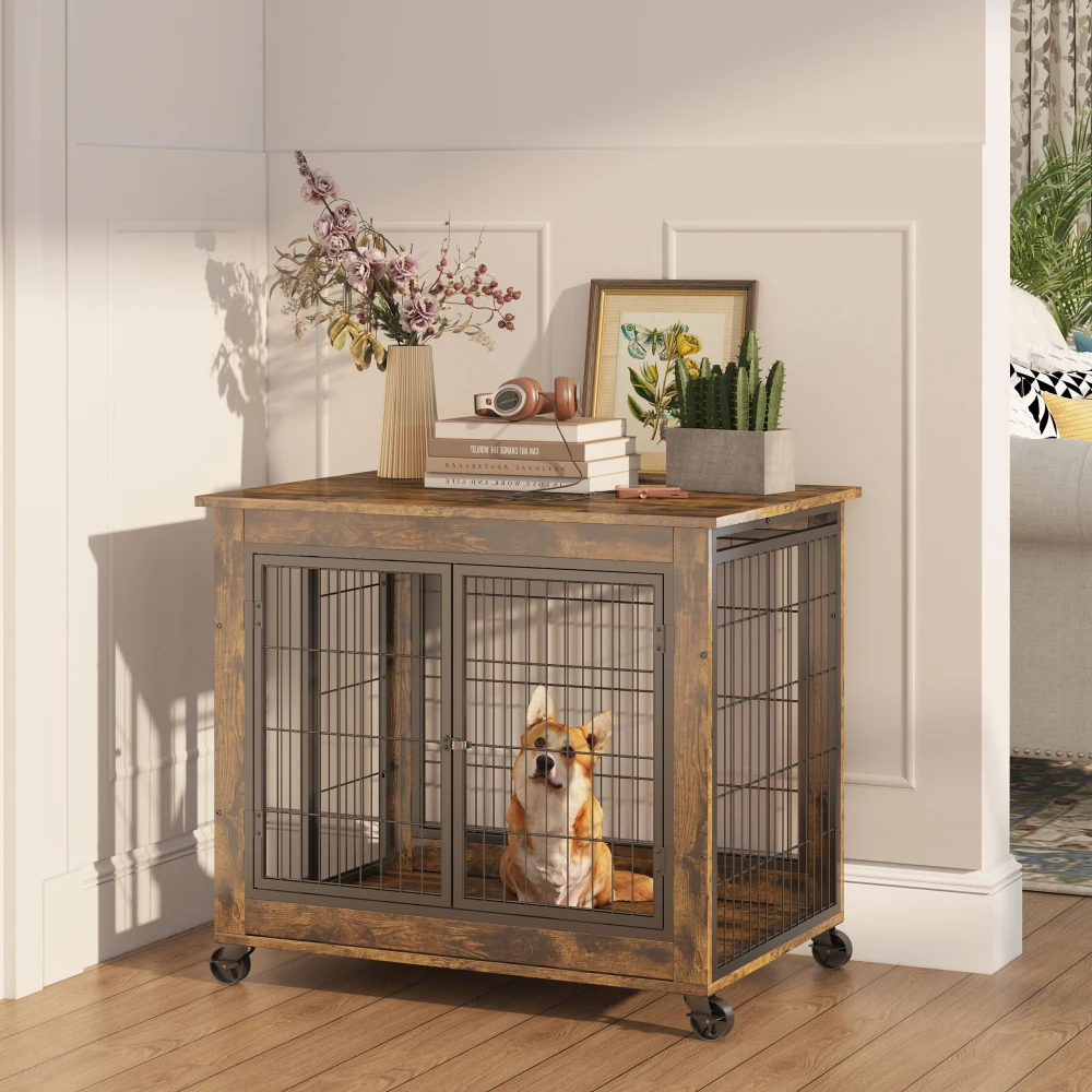 Furniture Style Dog Crate Side Table on Wheels with Double Doors and Lift Top Rustic Brown 31.50'' W X 22.05'' D X 25'' H.