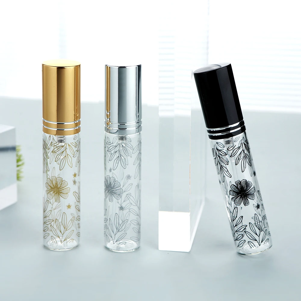 

50/100PCS 10ml Transparent Glass Press-type Perfume Bottles with Exquisite Body Prints, Aluminum Atomizing Nozzles, Refillable